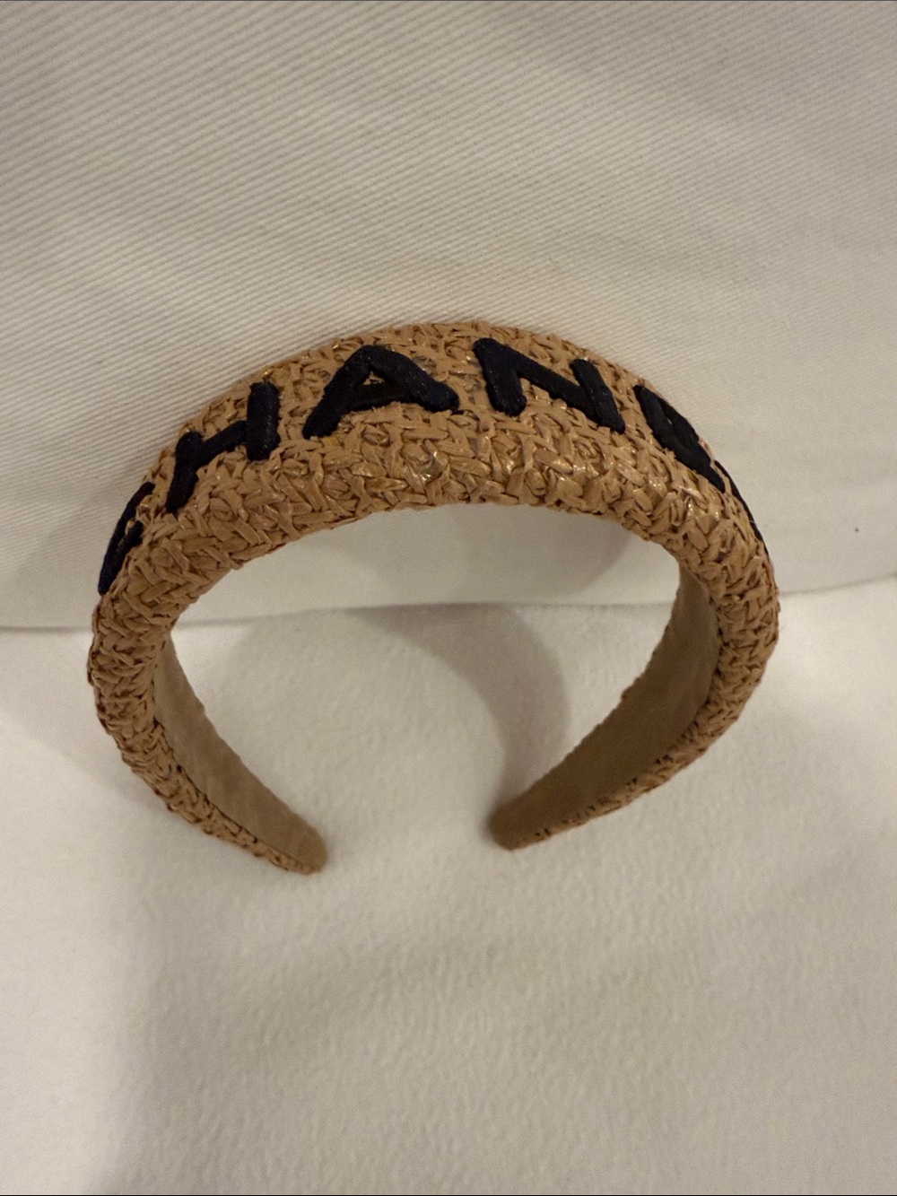 Straw Headband with Black Embroidery